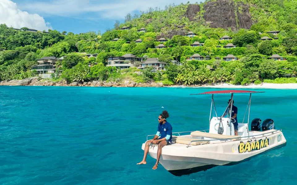 Scenic coastal view from a boat excursion in Seychelles