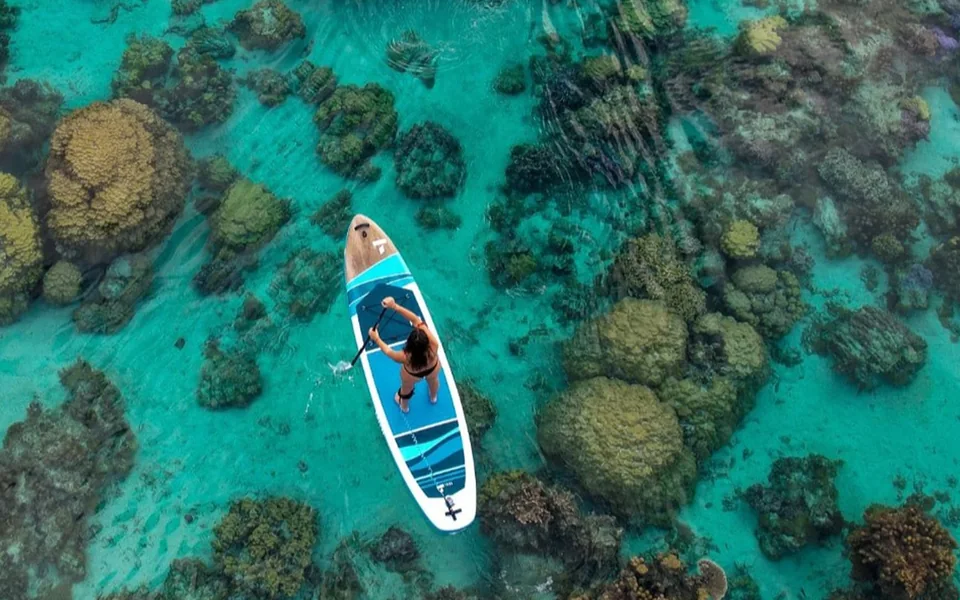 Paddleboards over clear coral water in Seychelles